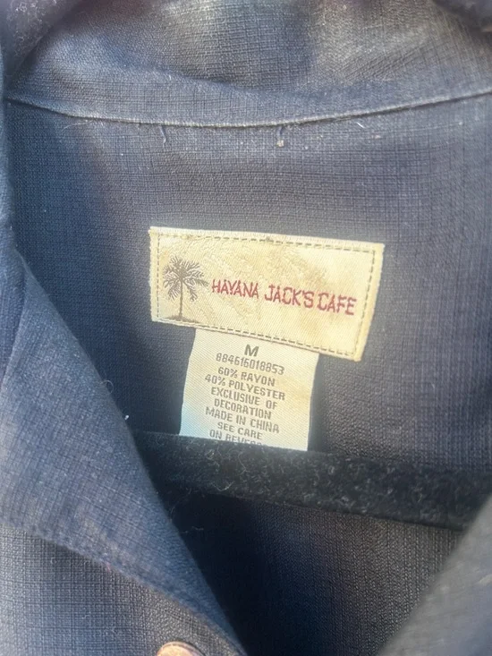 Tropical Palm Embroidered Cuban Shirt - Black & Cream - Picture 2 of 4